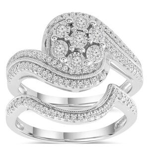 Forever Bride Sterling Silver 1/3 CTTW Diamond Flower Bridal Set Size 7